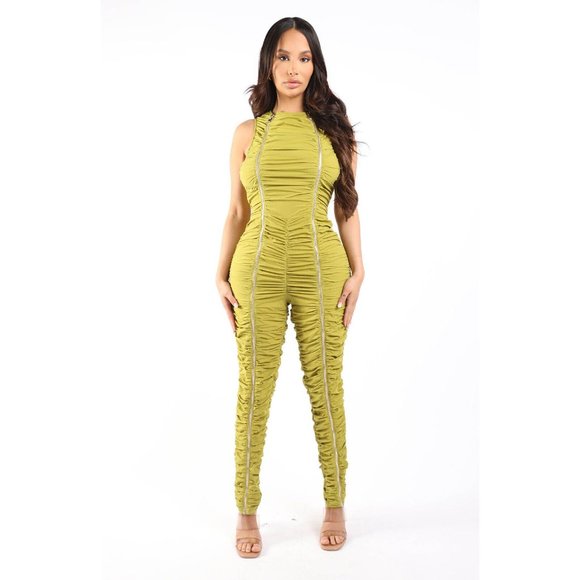 Women Track Zipper AllOver Ruched Jumpsuit Ruffle Dress Bodycon One Piece Romper - Picture 9 of 9